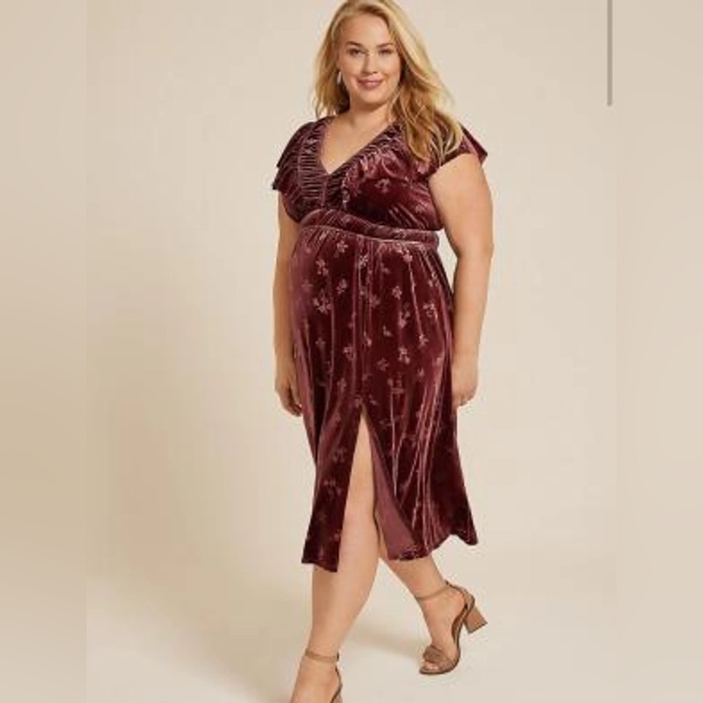 NWT Velvet Burgundy Red Midi Dress with Floral Design